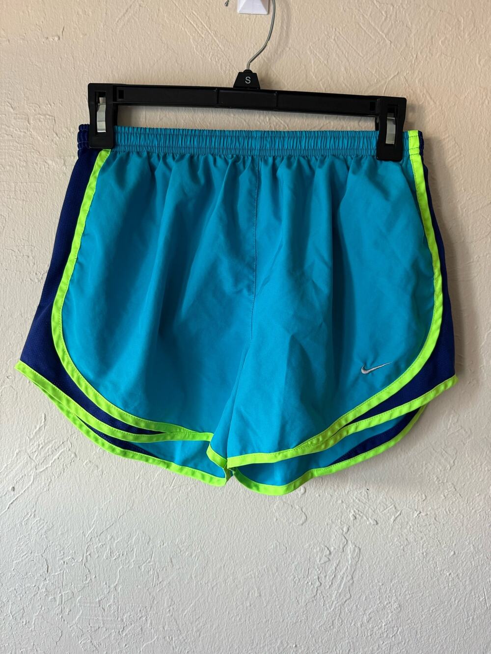 Women's Nike Dri Fit Shorts in Black with Lime Green and Navy Trim, Size M